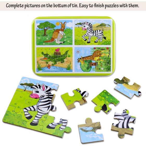 Комплект 4 бр. детски дървени пъзели в метална кутия