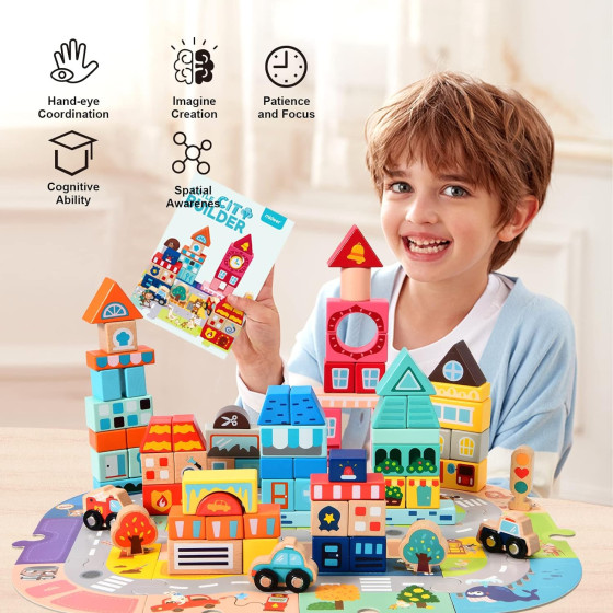 Комплект кофа със 100 части дървени блокчета конструктор City Builder - Купи сега