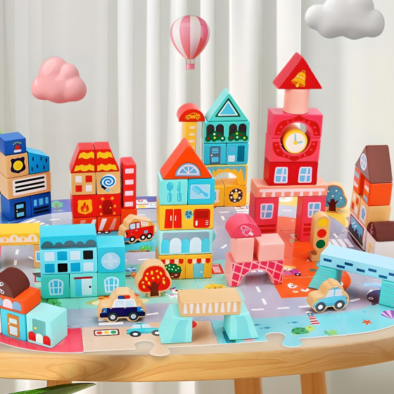 Комплект кофа със 100 части дървени блокчета конструктор City Builder - Купи сега