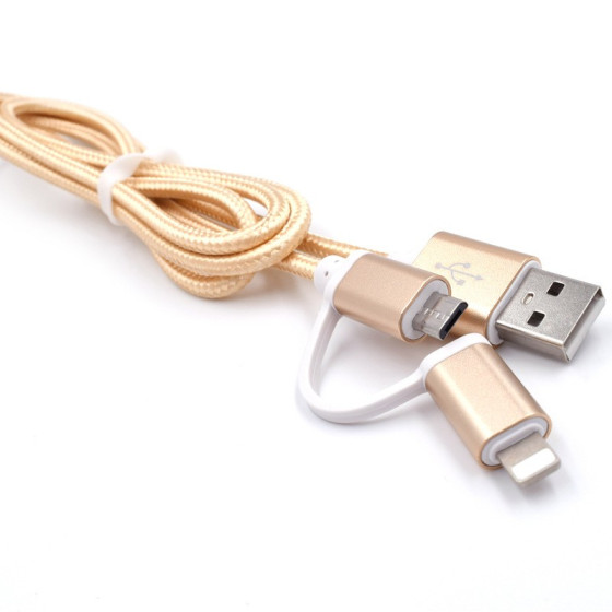 Комбиниран USB кабел за Android и iPhone с текстилна оплетка